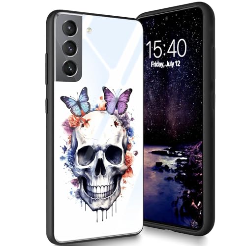 Bxgolkgd Schutzhülle für Samsung Galaxy S23 5G 15,5 cm (6,1 Zoll) 2023, gehärtetes Glas, Rückseite aus gehärtetem Glas, mit Silikon, TPU, stoßfest, kratzfest, Schmetterlings-Schädel von Bxgolkgd