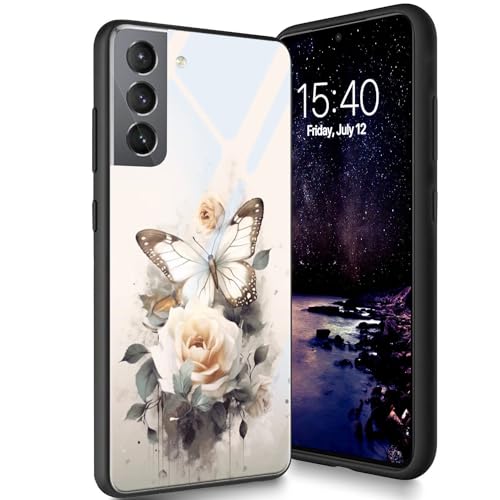 Bxgolkgd Schutzhülle für Samsung Galaxy S23 5G 15,5 cm (6,1 Zoll) 2023, gehärtetes Glas, Rückseite aus gehärtetem Glas, stoßfest, kratzfest, Rosen-Schmetterling von Bxgolkgd