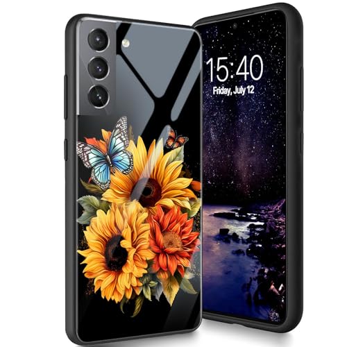Bxgolkgd Schutzhülle für Samsung Galaxy S23 Plus 16,8 cm (6,6 Zoll) 2023, gehärtetes Glas, Rückseite aus Silikon, TPU, stoßfest, kratzfest, Sonnenblumen-Schmetterling von Bxgolkgd