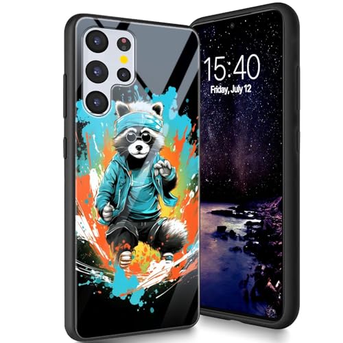 Bxgolkgd Schutzhülle für Samsung Galaxy S23 Ultra 17,3 cm (6,8 Zoll) 2023, gehärtetes Glas, Rückseite aus Silikon, TPU, stoßfest, kratzfest, lustiger Waschbär von Bxgolkgd