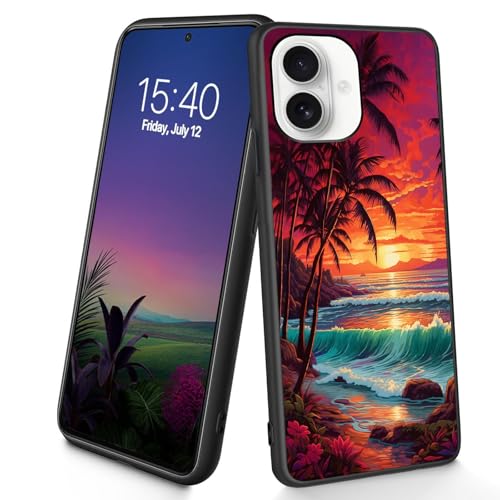 Bxgolkgd Schutzhülle für iPhone 16, dünn, weiches TPU-Silikon, stoßfest, rutschfest, für Apple iPhone 16 2024, 15,5 cm (6,1 Zoll), Sonnenuntergang, Palme, Strand von Bxgolkgd