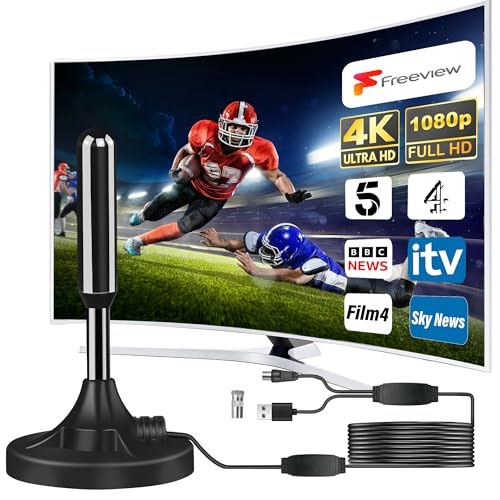 Bxgolkgd TV-Antenne für den Innenbereich, 500 km Reichweite, 360° Empfang, Dual-Verstärker, 5 m Koaxialkabel, HD & 4K Freeview-Kanäle, Plug & Play, kompatibel mit allen Fernsehern(1) von Bxgolkgd