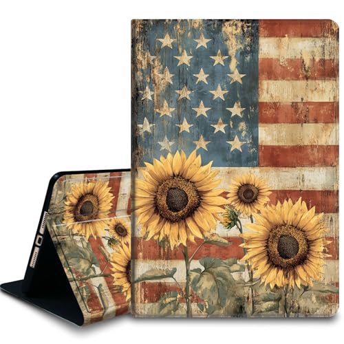 Bxgolkgd Tablet-Schutzhülle für iPad 5. Generation, iPad Pro 27,9 cm (11 Zoll) (M4) 2024, stoßfeste Standhülle mit Wärmeableitung, Retro-Sonnenblumen mit amerikanischer Flagge von Bxgolkgd