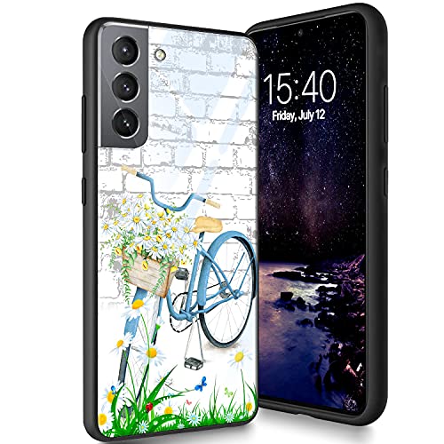 Schutzhülle aus gehärtetem Glas für Galaxy S22 Plus, weiches Silikon, TPU-Stoßdämpfer, kratzfest, kompatibel mit Samsung Galaxy S22 Plus 6,6 Zoll (2022), Blumenfahrrad von Bxgolkgd