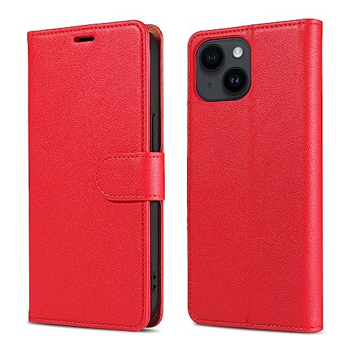 Bxithnr® Handyhülle für iPhone 14 Hülle mit [RFID Schutz] Premium PU Leder Klapphülle Brieftasche Kartenfach Ständer Magnet Etui Handytasche Case Schutzhülle für iPhone 14, Rot von Bxithnr
