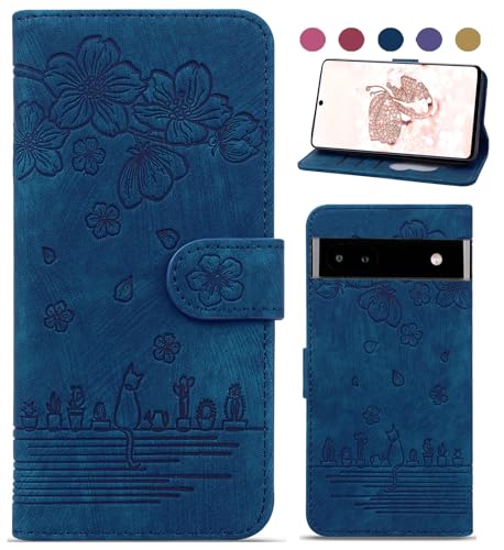 Bxithnr Handyhülle für Google Pixel 8A Hülle, Leder Tasche mit [Standfunction] [Kartenfach] Klapphülle Magnetverschluss Blumenmuster Wallet Case Schutzhülle für Google Pixel 8A - Blau von Bxithnr