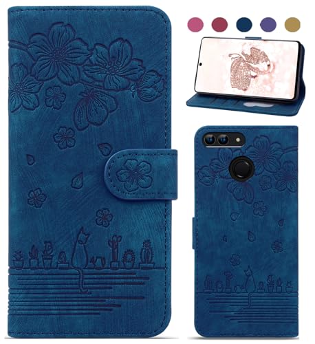 Bxithnr Handyhülle für Huawei P Smart 2018 Hülle, Leder Tasche mit [Standfunction] [Kartenfach] Klapphülle Magnetverschluss Blumenmuster Flipcase Schutzhülle für Huawei P Smart 2018 - Blau von Bxithnr