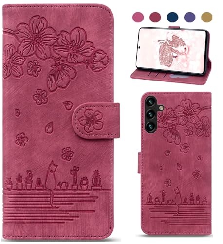 Bxithnr Handyhülle für Samsung Galaxy A16 5G Hülle, Leder Tasche mit [Standfunction] [Kartenfach] Klapphülle Magnetverschluss Blumenmuster Wallet Case für Samsung Galaxy A16 5G - Rot von Bxithnr