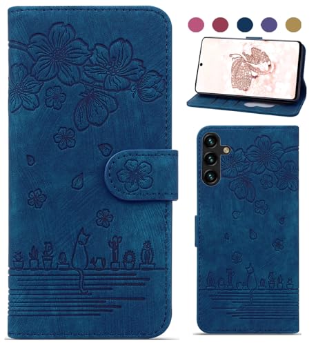 Bxithnr Handyhülle für Samsung Galaxy A25 5G Hülle, Leder Tasche mit [Standfunction] [Kartenfach] Klapphülle Magnetverschluss Blumenmuster Flipcase Cover Schutzhülle für Samsung Galaxy A25 5G - Blau von Bxithnr