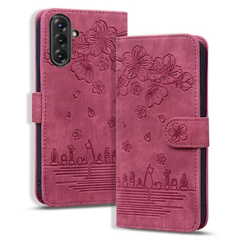 Bxithnr Handyhülle für Samsung Galaxy A56 5G Hülle, Leder Tasche mit [Standfunction] [Kartenfach] Klapphülle Magnetverschluss Blumenmuster Wallet Case für Samsung Galaxy A56 5G - Rot von Bxithnr
