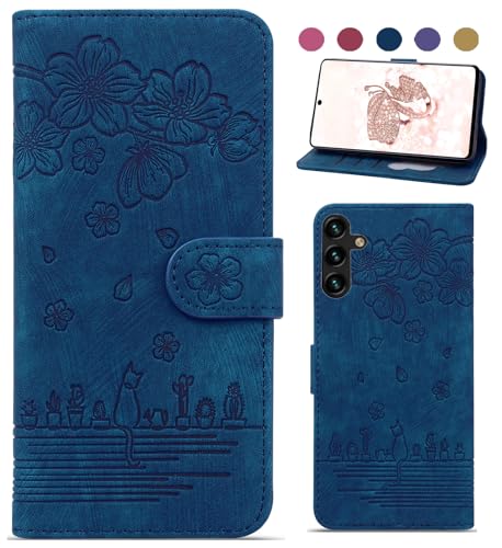 Bxithnr Handyhülle für Samsung Galaxy S23 FE Hülle, Leder Tasche mit [Standfunction] [Kartenfach] Klapphülle Magnetverschluss Blumenmuster Flipcase Cover Schutzhülle für Samsung Galaxy S23 FE - Blau von Bxithnr