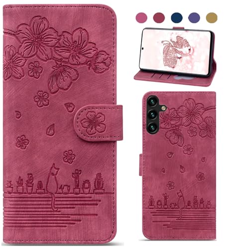 Bxithnr Handyhülle für Samsung Galaxy S23 FE Hülle, Leder Tasche mit [Standfunction] [Kartenfach] Klapphülle Magnetverschluss Blumenmuster Flipcase Cover Schutzhülle für Samsung Galaxy S23 FE - Rot von Bxithnr
