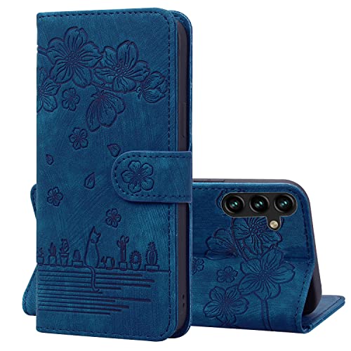 Bxithnr Handyhülle für Samsung Galaxy S24 FE 5G Hülle, Leder Tasche mit [Standfunction] [Kartenfach] Klapphülle Magnetverschluss Blumenmuster Wallet Case für Samsung Galaxy S24 FE 5G - Blau von Bxithnr