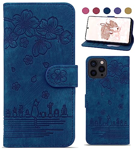 Bxithnr Handyhülle für iPhone 14 Pro, Flip Case Hülle Leder mit Standfunktion, Kartenfach, Magnetverschluss, Kirschblütenmuster - Blau von Bxithnr