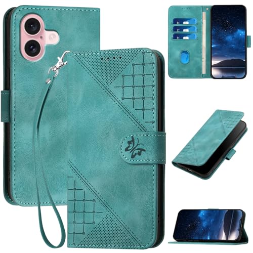 Bxithnr Handyhülle für iPhone 16 Hülle Tasche mit Premium Leder [Kartenfach] [Standfunktion] Flip Case Cover Schutzhülle für iPhone 16 - Grün von Bxithnr