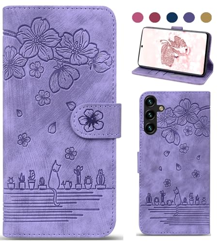 Handyhülle für Samsung Galaxy S24 Hülle, Leder Tasche mit [Standfunction] [Kartenfach] Klapphülle Magnetverschluss Blumenmuster Flipcase Cover Schutzhülle für Samsung Galaxy S24 - Lila von Bxithnr