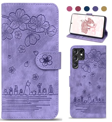 Handyhülle für Samsung Galaxy S24 Ultra Hülle, Leder Tasche mit [Standfunction] [Kartenfach] Klapphülle Magnetverschluss Blumenmuster Flipcase Cover Schutzhülle für Samsung Galaxy S24 Ultra - Lila von Bxithnr