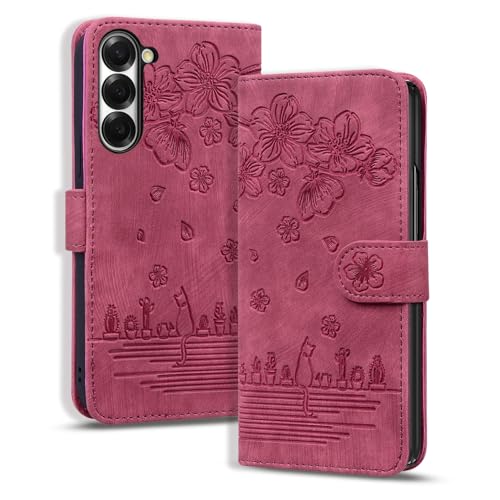 Handyhülle für Samsung Galaxy Z Fold 6 Hülle, Leder Tasche mit [Standfunction] [Kartenfach] Klapphülle Magnetverschluss Blumenmuster Wallet Case für Samsung Galaxy Z Fold6 - Rot von Bxithnr