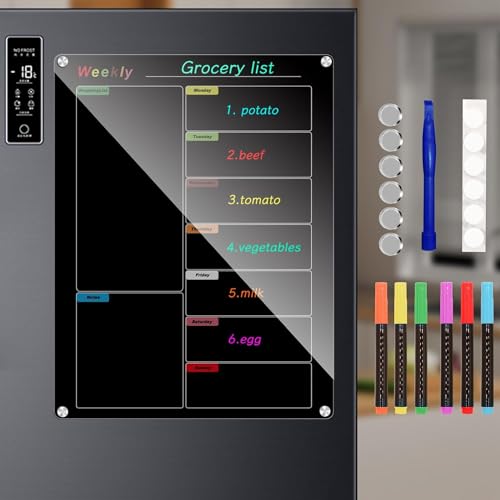 Bysameyee Kühlschrankkalender, Mahlzeitenplanungstafel, trocken abwischbar, Acryl, magnetisch, Monats- und Wochenkalender, Planer für Kühlschrank mit 6 Farbmarkern (schwarz, wöchentlich (39,9 x 30 cm) von Bysameyee