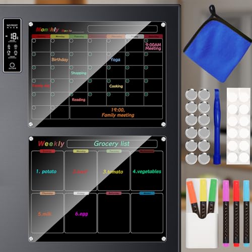 Bysameyee Kühlschrankkalender, Mahlzeitenplanungstafel, trocken abwischbar, Acryl, magnetisch, Monats- und Wochenkalender, Planer für Kühlschrank mit 6 Farbmarkern (schwarz, wöchentlich + monatlich von Bysameyee