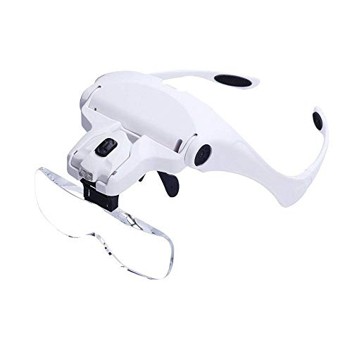 Bysameyee Lupenbrille mit Licht, Lupe Stirnband Brille Hände Frei Kopfband Lupen Standlupe mit 2 LED für Hobby, Denest, Elektriker, Juweliere, Nähen, Handwerk, ältere Menschen-5 Wechselobjektive von Bysameyee