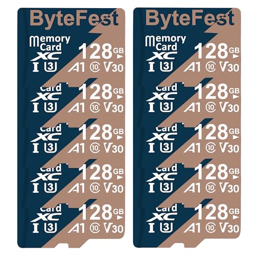 ByteFest 10 Stück 128 GB Micro-SD-Karte mit 10 Adaptern UHS-I U3 TF-Karte, C10, V30, 4K UHD Video, A1, microSDXC Flash-Speicherkarte für Überwachung, Sicherheitskameras, Drohnen-Spielekonsolen ByteFest 10 Stück 128 GB Micro-SD-Karte mit 10 Adaptern UHS-I U3 TF-Karte, C10, V30, 4K UHD Video, A1, microSDXC Flash-Speicherkarte für Überwachung, Sicherheitskameras, Drohnen-Spielekonsolen von ByteFest