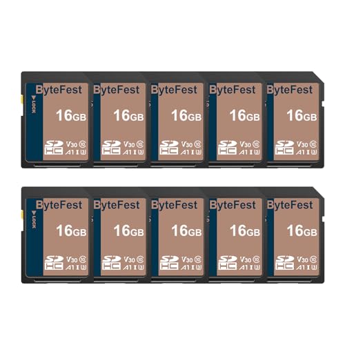 ByteFest SD Karte 16GB 10 Pack, Speicherkarte SDHC UHS-I, Class 10, U3, V30, A1, Full HD Video, Memory Card für Kamera, DSLR (16GB, 10 Pack) von ByteFest