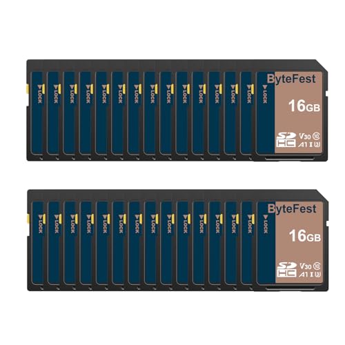 ByteFest SD Karte 16GB 30 Pack, Speicherkarte SDHC UHS-I, Class 10, U3, V30, A1, Full HD Video, Memory Card für Kamera, DSLR (16GB, 30 Pack) von ByteFest