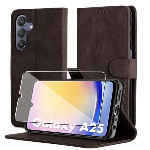 Byvuwiay Hülle für Samsung Galaxy A25 5G Handyhülle, Mit Schutzfolie, Premium Leder Flip [Kartenfächer] [Standfunktion], Schutzhülle für Samsung Galaxy A25 5G Hülle, Dunkelbraun von Byvuwiay