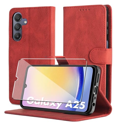 Byvuwiay Hülle für Samsung Galaxy A25 5G Handyhülle, Mit Schutzfolie, Premium Leder Flip [Kartenfächer] [Standfunktion], Schutzhülle für Samsung Galaxy A25 5G Hülle, Rot von Byvuwiay