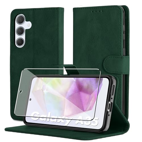 Byvuwiay Hülle für Samsung Galaxy A35 5G Handyhülle, Mit Schutzfolie, Premium Leder Flip [Kartenfächer] [Standfunktion], Schutzhülle für Samsung Galaxy A35 5G Hülle, Grasgrün von Byvuwiay