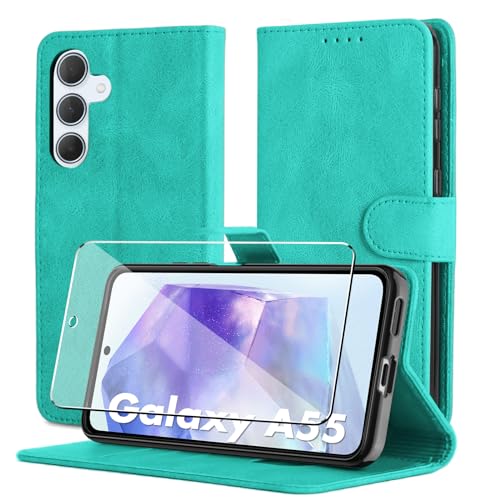Byvuwiay Hülle für Samsung Galaxy A55 5G Handyhülle, Mit Schutzfolie, Premium Leder Flip [Kartenfächer] [Standfunktion], Schutzhülle für Samsung Galaxy A55 5G Hülle, Hellblau von Byvuwiay