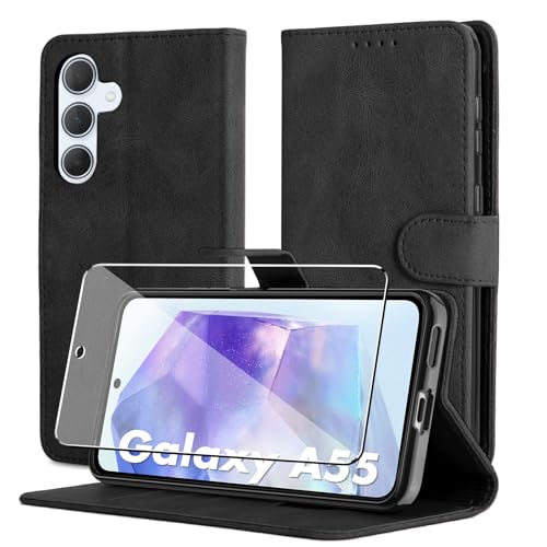 Byvuwiay Hülle für Samsung Galaxy A55 5G Handyhülle, Mit Schutzfolie, Premium Leder Flip [Kartenfächer] [Standfunktion], Schutzhülle für Samsung Galaxy A55 5G Hülle, Schwarz von Byvuwiay