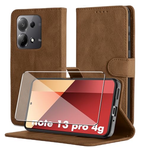 Byvuwiay Hülle für Xiaomi Redmi Note 13 Pro 4G Handyhülle, Mit Schutzfolie, Premium Leder Flip [Kartenfächer] [Standfunktion], Schutzhülle für Xiaomi Redmi Note 13 Pro 4G Hülle, Braun von Byvuwiay