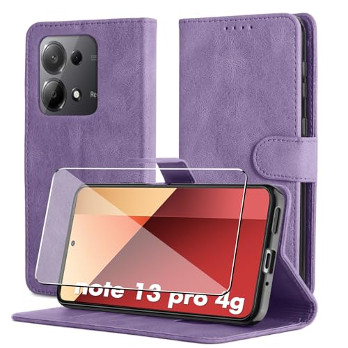 Byvuwiay Hülle für Xiaomi Redmi Note 13 Pro 4G Handyhülle, Mit Schutzfolie, Premium Leder Flip [Kartenfächer] [Standfunktion], Schutzhülle für Xiaomi Redmi Note 13 Pro 4G Hülle, Lila von Byvuwiay