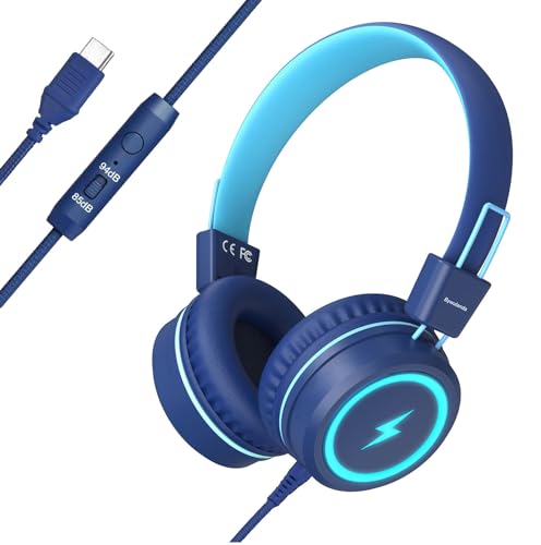 Bywulanda Kinder-Kopfhörer mit LED-Lichtern für die Schule, Upgrade USB Typ C Kid Kopfhörer mit Mikrofon, Lautstärkeregler 85/94 dB, kabelgebundene On-Ear-Kopfhörer für Jungen/Mädchen/Tablet/Reisen Bywulanda Kinder-Kopfhörer mit LED-Lichtern für die Schule, Upgrade USB Typ C Kid Kopfhörer mit Mikrofon, Lautstärkeregler 85/94 dB, kabelgebundene On-Ear-Kopfhörer für Jungen/Mädchen/Tablet/Reisen von Bywulanda