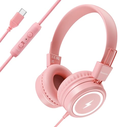 Bywulanda Kinder-Kopfhörer mit LED-Lichtern für die Schule, Upgrade USB Typ C Kid Kopfhörer mit Mikrofon, Lautstärkeregler 85/94 dB, kabelgebundene On-Ear-Kopfhörer für Jungen/Mädchen/Tablet/Reisen Bywulanda Kinder-Kopfhörer mit LED-Lichtern für die Schule, Upgrade USB Typ C Kid Kopfhörer mit Mikrofon, Lautstärkeregler 85/94 dB, kabelgebundene On-Ear-Kopfhörer für Jungen/Mädchen/Tablet/Reisen von Bywulanda