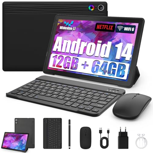 Tablet 10 Zoll 8-in-1 Kit Android 14 Tablet PC mit Hülle Tastatur Maus Stift Kopfhörer Netzstecker Kabel Octa-Core 12 GB RAM 64 GB ROM 1TB TF Erweiterbar 1280x800 IPS Touchscreen 5000 mAh (Schwarz) von Byxsb