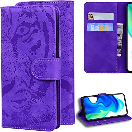 C/N DodoBuy Hülle für LG K42, Prägen Tiger Muster Magnetische Flip Folio Cover PU Leder Schutzhülle Handy Tasche Brieftasche Wallet Case Ständer mit Kartenfächer - Lila von C/N