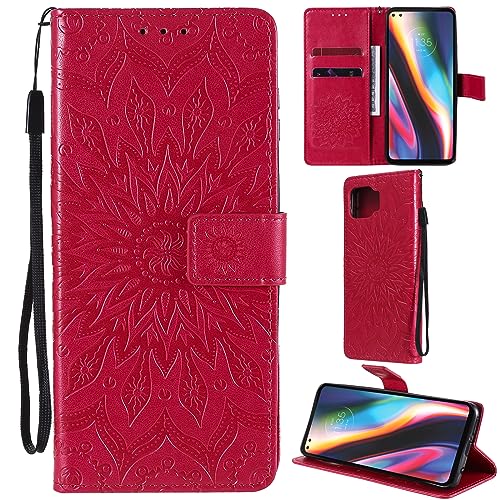 C/N DodoBuy Hülle für Motorola Moto G 5G Plus, Sonnenblume Muster Flip PU Leder Schutzhülle Handy Tasche Case Cover Stand mit Kartenfach - Rot von C/N