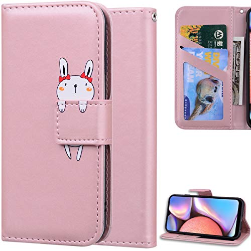 C/N DodoBuy Hülle für Motorola Moto G9 Play, Cartoon Tiere Muster Magnetische Flip Cover PU Leder Schutzhülle Handy Tasche Brieftasche Wallet Case Ständer mit Kartenfächer - Roségold Hase von C/N