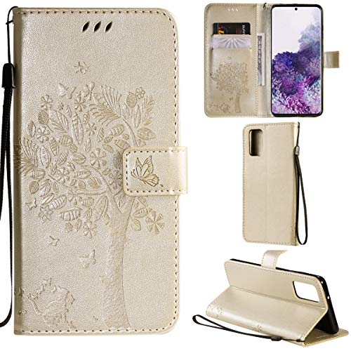 C/N DodoBuy Hülle für Samsung Galaxy S20 FE, Katze Baum Muster Flip PU Leder Schutzhülle Handy Tasche Case Cover Standfunktion mit Kartenfächer - Gold von C/N
