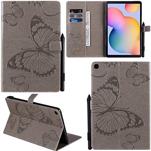 C/N DodoBuy Hülle für Samsung Galaxy Tab S6 Lite, 3D Schmetterling Muster PU Leder Schutzhülle Tasche Smart Cover Case Flip Wallet Brieftasche Ständer - Grau von C/N