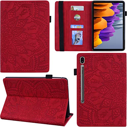 C/N DodoBuy Hülle für Samsung Galaxy Tab S7+ Plus, Mandala Muster Flip Smart Cover PU Leder Schutzhülle Tasche Brieftasche Multi-Winkel Wallet Case Ständer mit Kartenfächer - Rot von C/N