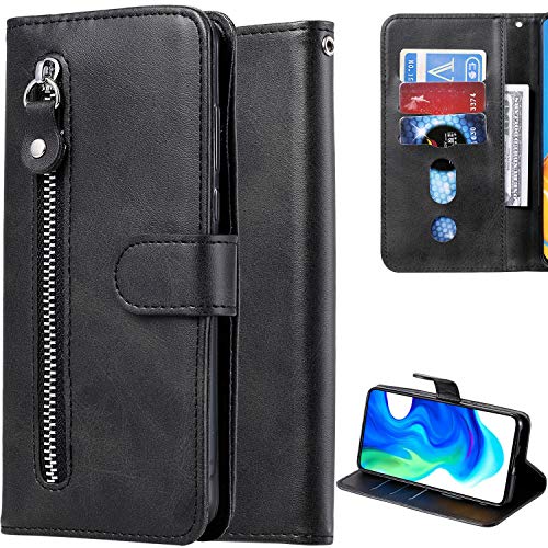 C/N DodoBuy Reißverschluss Hülle für Motorola Moto G9 Play, Magnetische Flip PU Leder Schutzhülle Zipper Handy Tasche Case Cover Brieftasche Wallet mit Silikon TPU Kartenfächer Stand - Schwarz von C/N