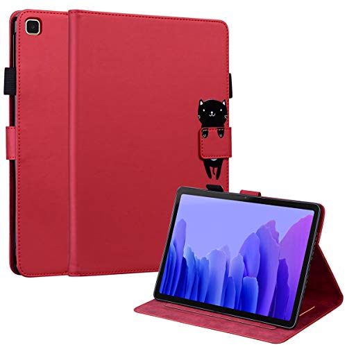 C/N DodoBuy Schutzhülle für Samsung Galaxy Tab A7, Cartoon-Design, Tiermotiv, magnetisch, Flip Wallet, Smart Cover, Schutzhülle aus PU-Leder – Rot Katze von C/N