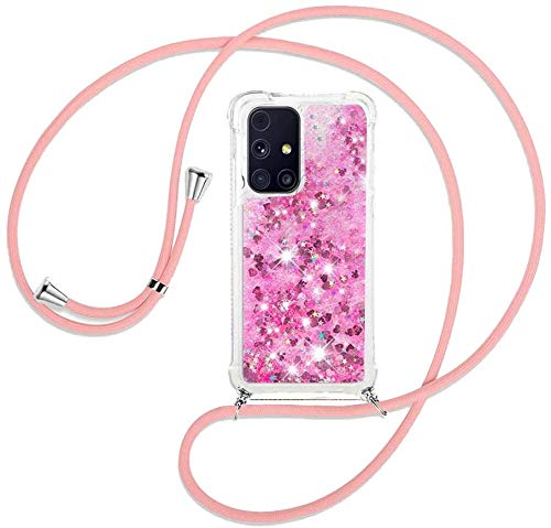 C/N Handykette für Samsung Galaxy M51 Hülle,Glitzer Hülle Flüssig Bewegende Treibsand Transparent Handyhülle - Silikonhülle, Hülle mit Band, Stylische Kette mit Hülle für Samsung Galaxy M51 von C/N