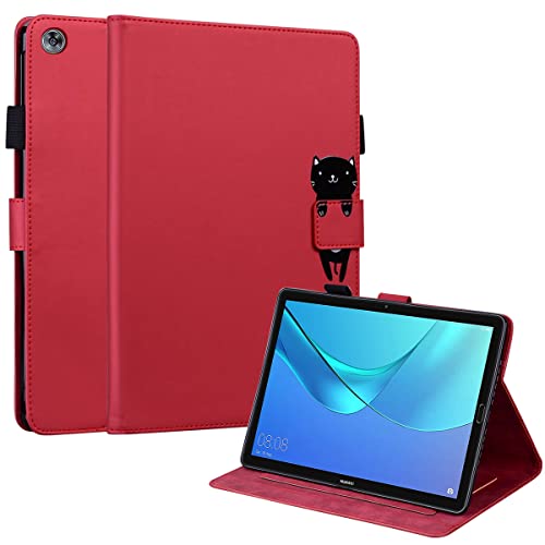 DodoBuy Hülle für Huawei MediaPad M5 10/10 Pro 10,8" Tablet, Cartoon Tiere Muster Magnetische Flip Smart Cover PU Leder Schutzhülle Tasche Brieftasche Wallet Case Ständer mit Kartenfächer - Rot Katze von C/N