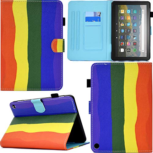 DodoBuy Hülle für Neue Fire HD 8-Tablet, 8-Zoll/Fire HD 8 Plus(2020), PU Leder Flip Smart Cover Schutzhülle Tasche Brieftasche Wallet Case Schale Ständer mit Kartenfächer Magnetverschluss -Regenbogen von C/N