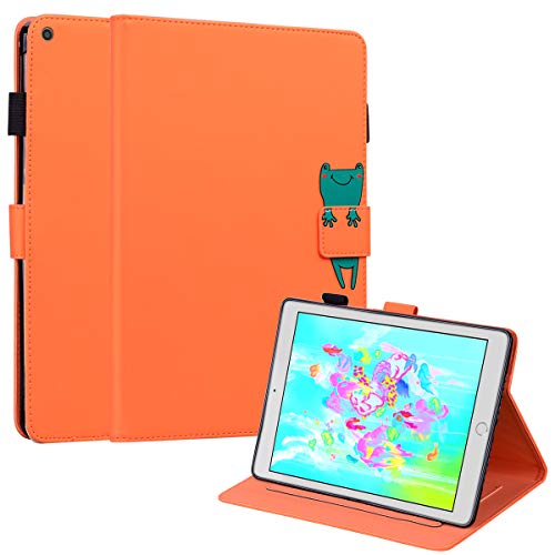 DodoBuy Hülle für iPad 9,7" 2017/2018/iPad Air/Air 2, Cartoon Tiere Muster Magnetische Flip Smart Cover PU Leder Schutzhülle Tasche Brieftasche Wallet Case Ständer mit Kartenfächer - Orange Frosch von C/N